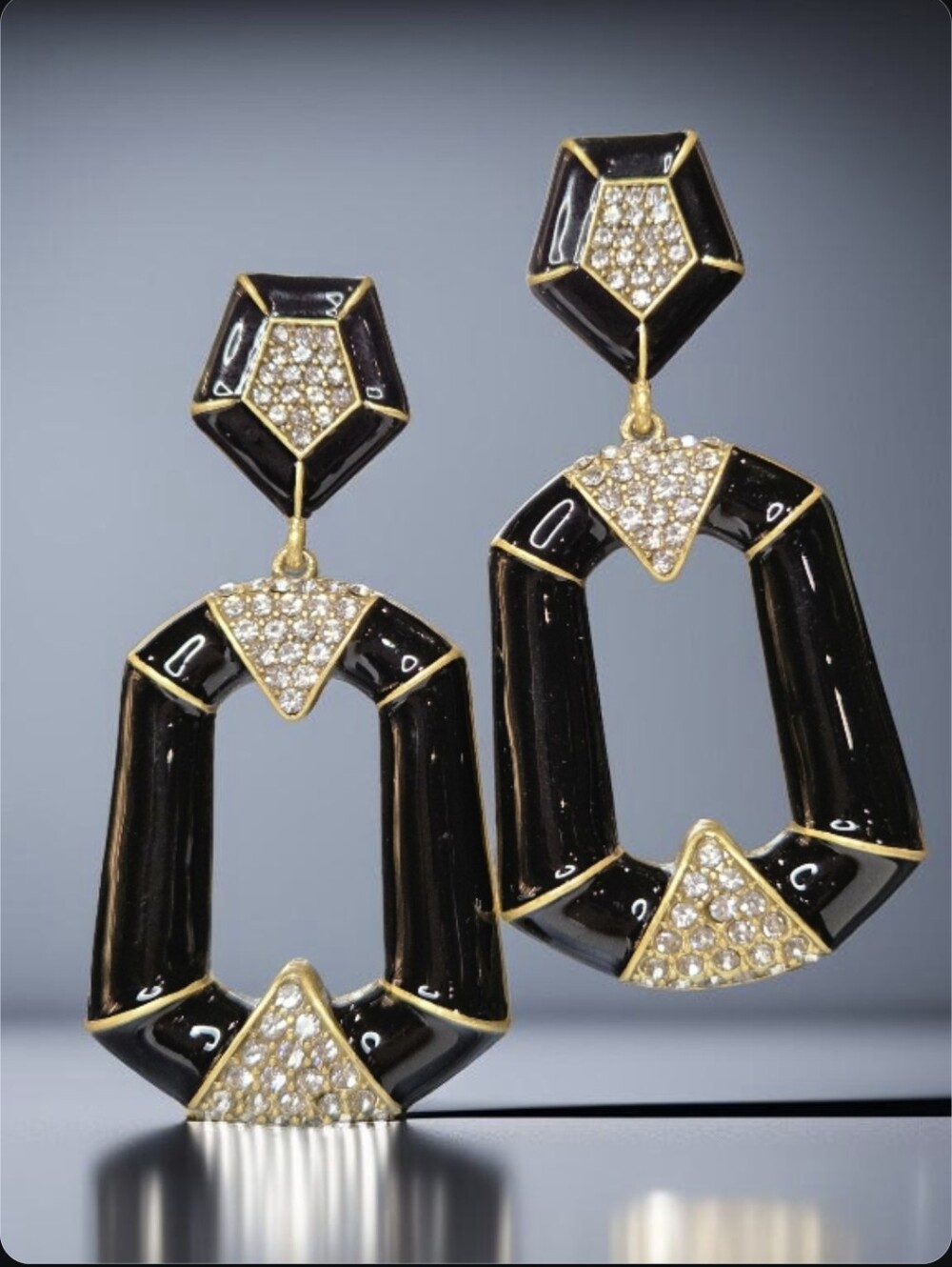 Antique Gold Plated Luxury Designer Onyx Enamel Pave Crystal Oversized Earrings